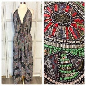Spy Zone Exchange Paisley Bohemian Beaded Swim Cover Up Sheer Dress Maxi Size M